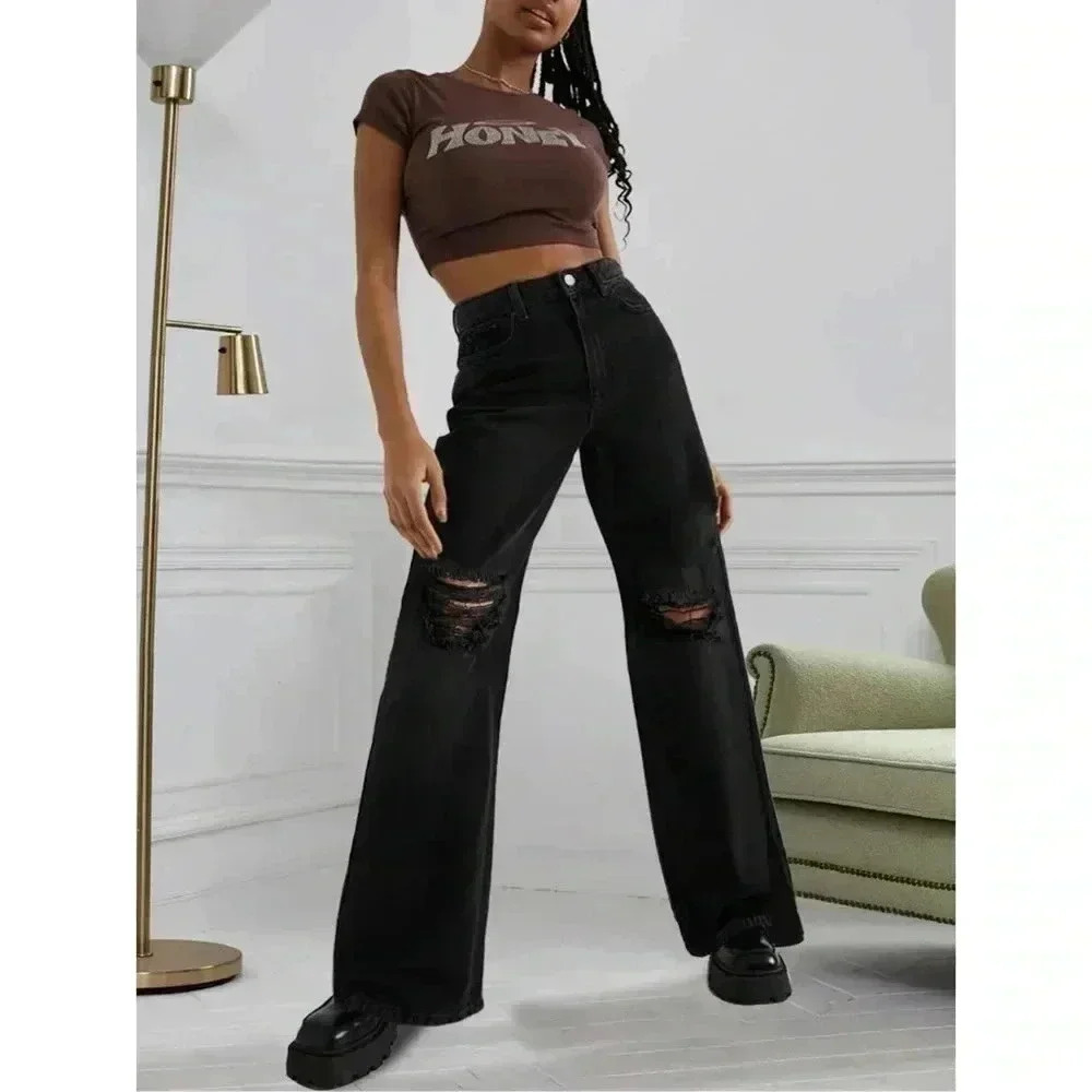 S.O.N.G. 90’s Boyfriend Low Rise Stretch Denim Distressed Black Jeans Size 9/29